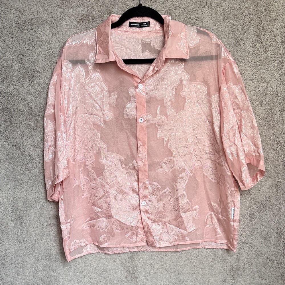 Men's Pink Sheer Casual Button Down Shirt - Cropped